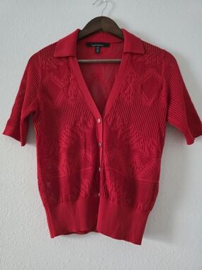 Red Short-Sleeve Knit Cardigan Sweater